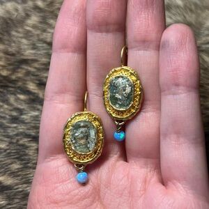Vintage gold toned Etruscan/Scythian style roman glass opal earrings